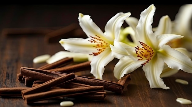 Foto una flor blanca con palitos de canela sobre una mesa