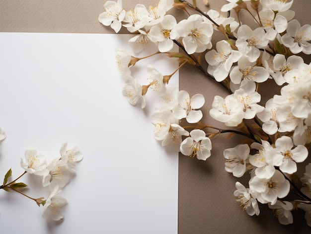 Flor blanca con papel para el diseño de colocación plana del espacio de texto