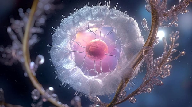 Una flor blanca con una perla rosa adentro.