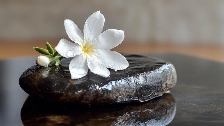 La flor blanca en una piedra negra