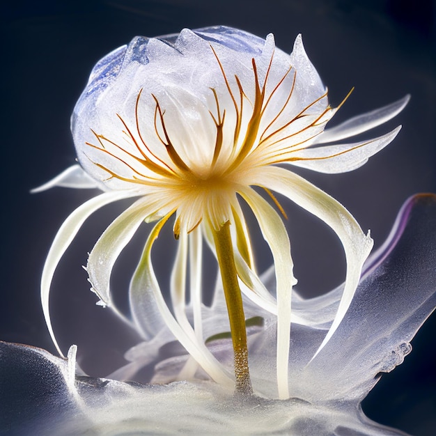 Foto una flor blanca con una raya azul está frente a un fondo oscuro.