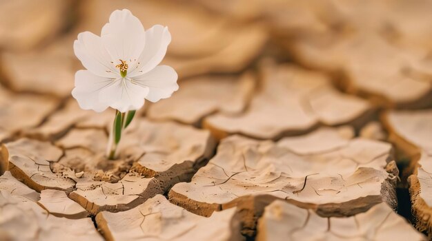 Flor blanca sobre el fondo de tierra seca y agrietada El concepto de cambio climático