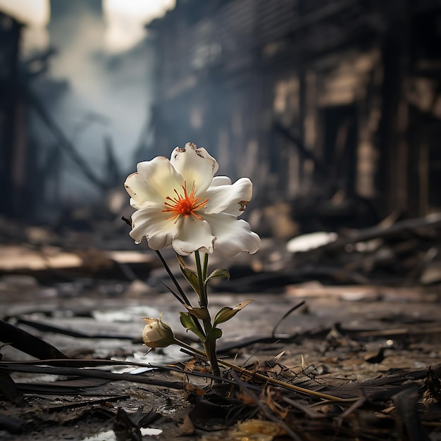 Foto la flor blanca en la zona de guerra