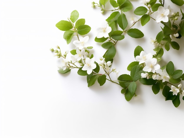 Flor branca com folhas verdes em um fundo branco