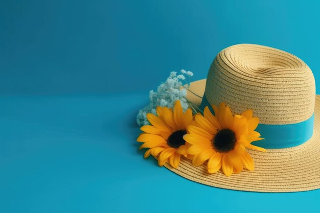 Flor branca de chapéu de palha e barco decorativo em fundo azul com espaço em branco para texto Horário de verão para sonhar Conceito de viagem de verão férias Vista superior plana