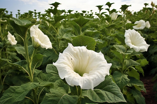 Flor branca de tabaco no campo sobre um fundo de folhas verdes