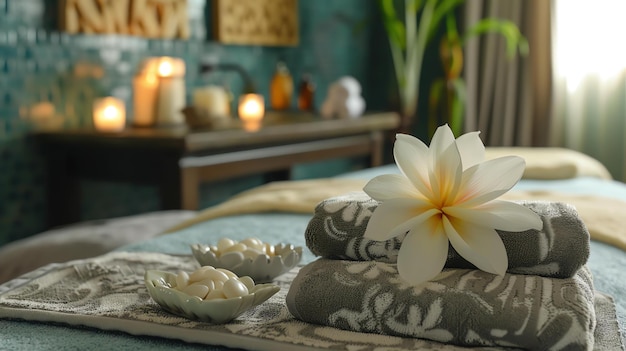 Foto flor branca em uma pilha de toalhas em um ambiente de spa com velas ao fundo