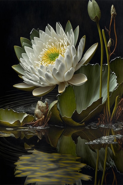 Flor branca sentada em cima de um corpo de água generativa ai