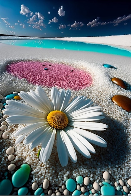 Foto flor branca sentada em cima de uma praia de areia generativa ai