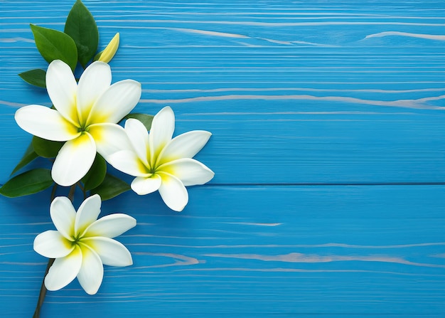 Flor branca sobre fundo azul de madeira vista de cima