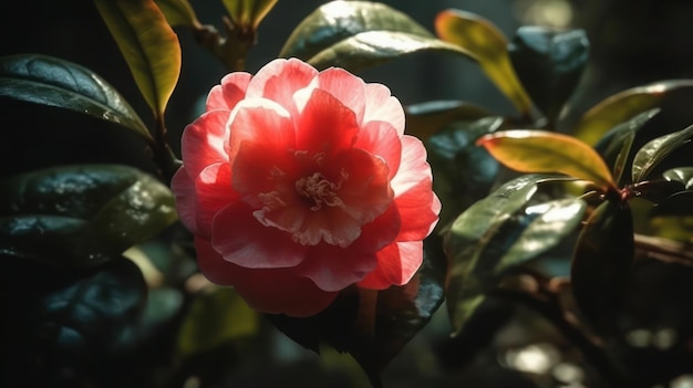 Una flor de camelia está floreciendo al sol.