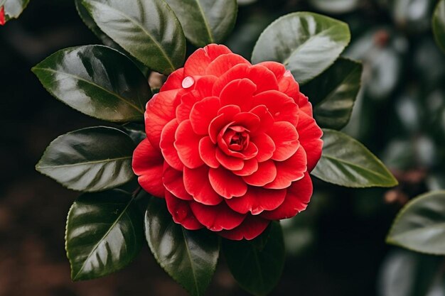 Foto flor de camelia roja en flor con hojas