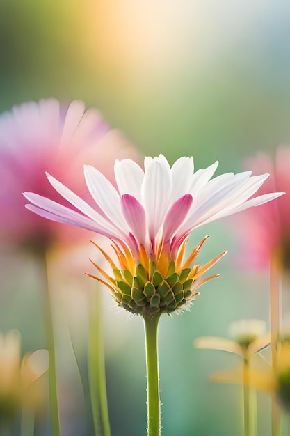 Una flor en un campo con un fondo rosa.