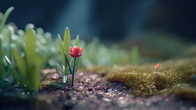 Una flor en un campo con una luz brillando sobre ella