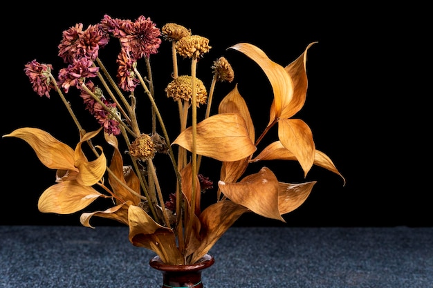 Flor de campo seco en un arreglo floral en un pequeño frasco de madera aislado sobre fondo negro