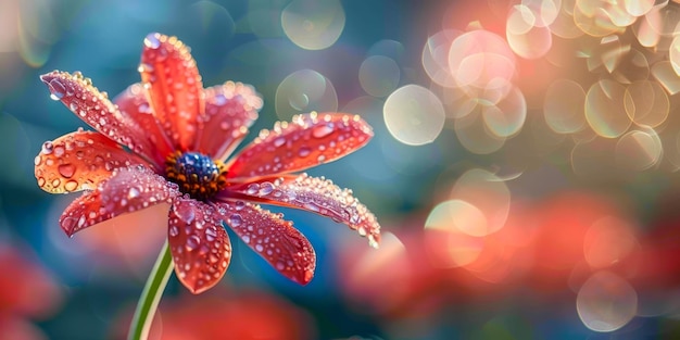 Flor carmesí con gotas brillantes