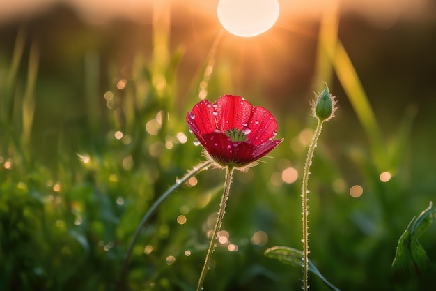 La flor carmesí solitaria florece en el campo verde al amanecer cubierta de rocío generativo IA