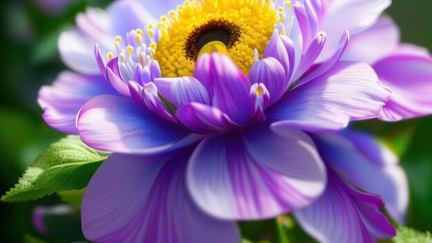 Una flor con un centro amarillo y un centro morado.