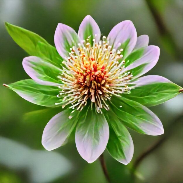 una flor con un centro verde y estambres amarillos