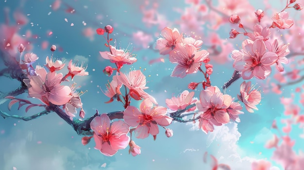 flor de cerezo estilo acuarela colores pastel fondo azul cielo flores rosas en la rama del árbol