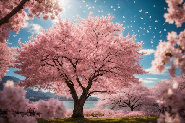 Foto la flor del cerezo con la estrella del sol