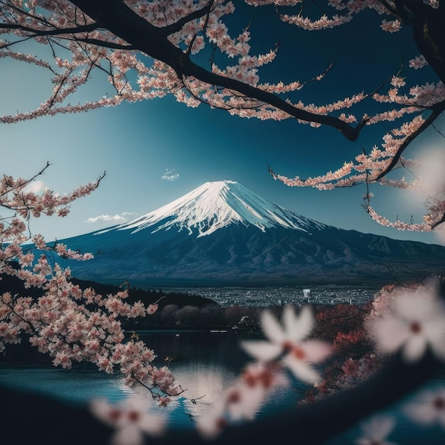 Flor de cerezo japonesa con el monte Fuji al fondo Rama de flor de sakura con flor de cerezo realista con hermosa vista al lago y a la montaña Flor de cerezo rosa y monte Fuji IA generativa