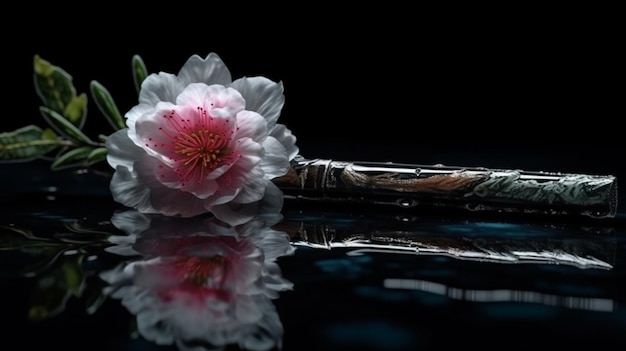 Flor de cerezo japonesa sobre un fondo negro con gotas de agua y cepillo generativo ai