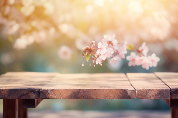 Flor de cerezo en una mesa de madera con un fondo borroso