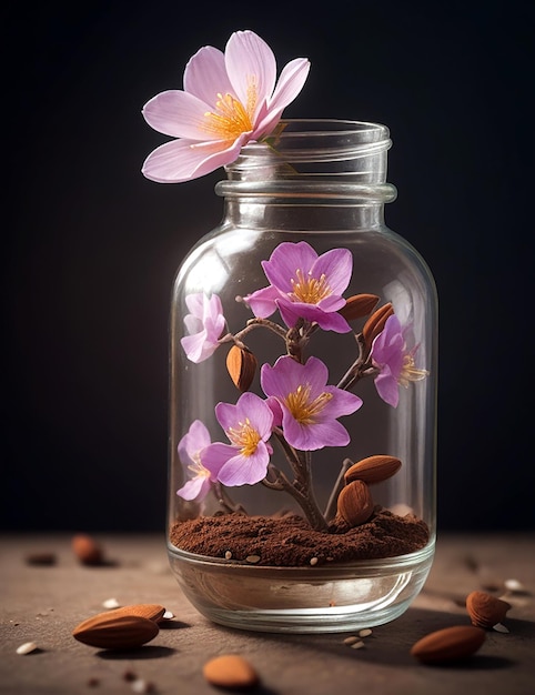 Flor de cerezo en una olla con fondo oscuro