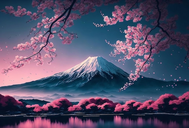 Flor de cerezo de primavera con el Monte Fuji en el fondo ai generativo