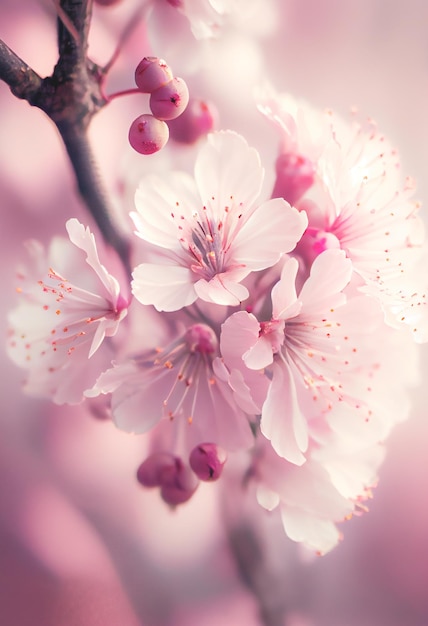 Flor de cerezo de primavera sobre fondo rosa pastel y blanco Profundidad de campo efecto de ensueño