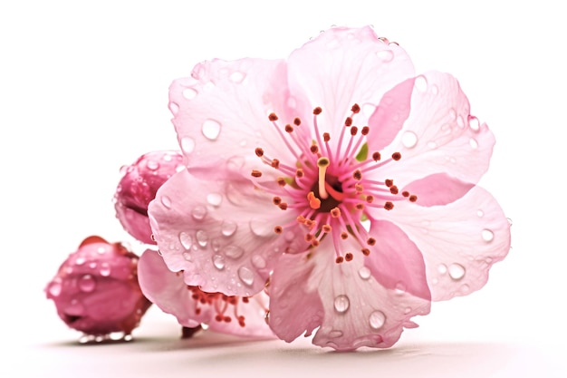 Una flor de cerezo en primer plano aislada sobre un fondo blanco