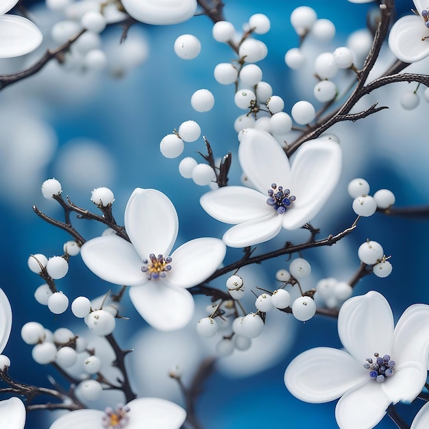 Flor de cerezo rama fondo blanco azul