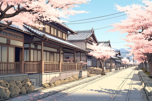 La flor del cerezo Sakura y la casa de estilo japonés en la temporada de primavera