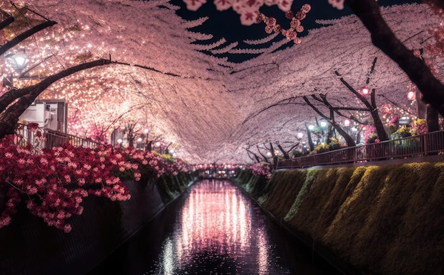 Foto flor de cerezo de sakura de tokio con luz en nakameguro tokyo generative ai