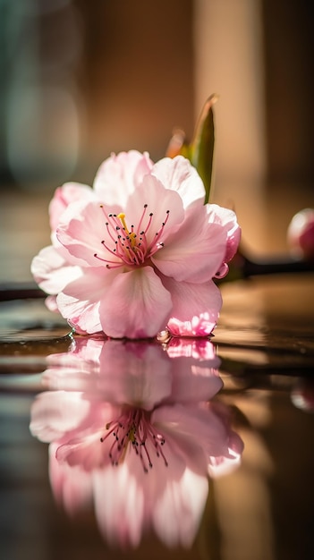Foto una flor de cerezo sobre una mesa con un reflejo del cerezo en el agua.