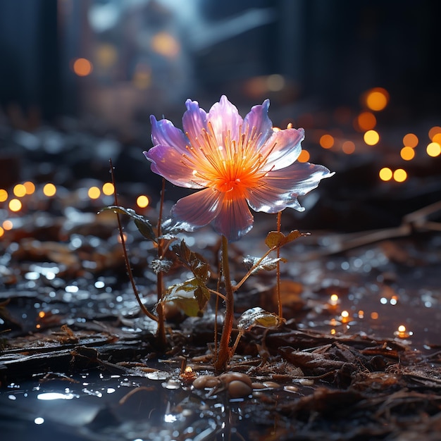 Una flor en un charco de agua con luces detrás de ella