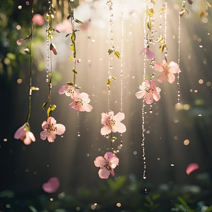una flor colgante con el sol detrás de ella