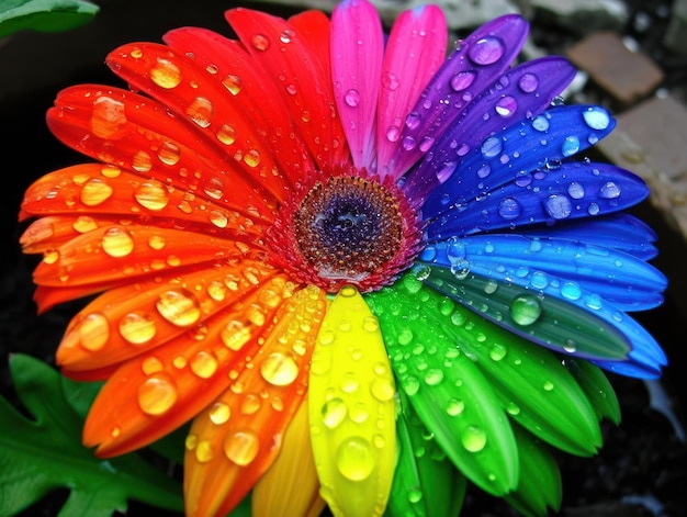 Foto una flor de color arco iris con gotas de agua