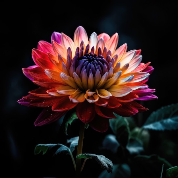 Una flor de colores se ilumina con un ai generativo de fondo negro