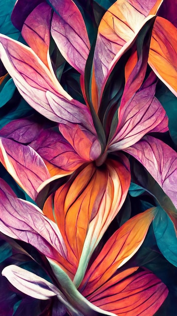 Flor colorida abstracta en la ilustración 3D del fondo de la naturaleza del follaje tropical oscuro