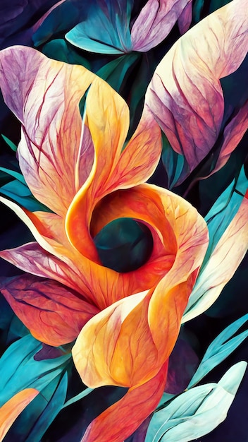 Flor colorida abstracta en la ilustración 3D del fondo de la naturaleza del follaje tropical oscuro