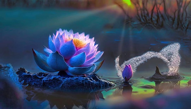 Una flor colorida en el agua con el sol brillando sobre ella.