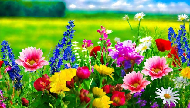 Una flor colorida con un campo verde en el fondo