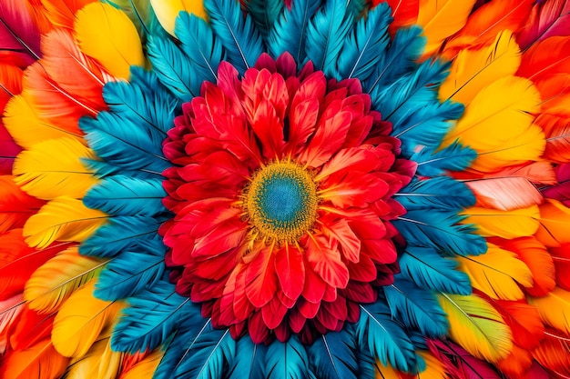 Foto flor colorida con centro amarillo y pétalos brillantes y distintos en rojo, rosa, naranja y azul