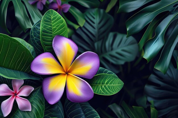 flor colorida em fundo de natureza de folhagem tropical escura