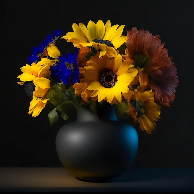 Una flor colorida está en un jarrón con un centro amarillo Generativo Ai