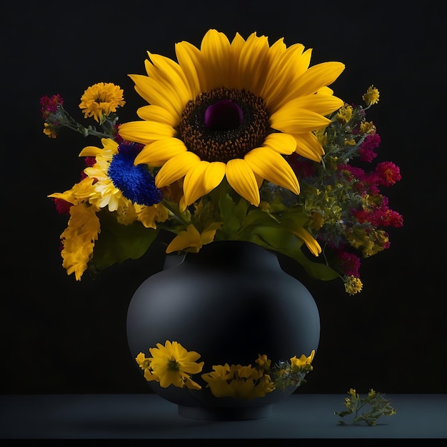 Una flor colorida está en un jarrón con un centro amarillo Generativo Ai