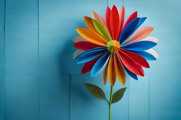 una flor colorida está pintada en un tablero azul.