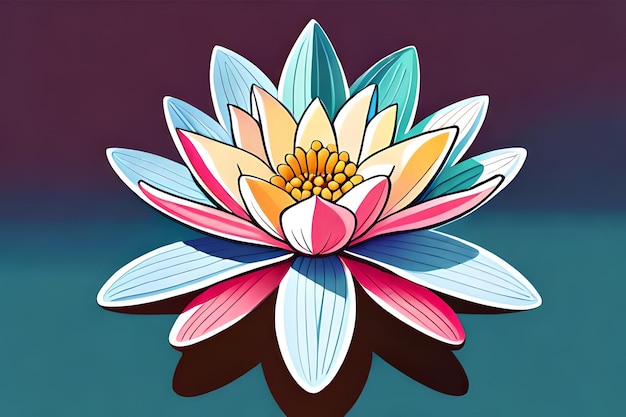 Una flor colorida con un fondo azul y la palabra lotus en ella.